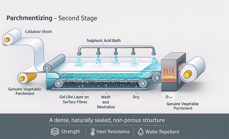 The process involves two key stages. The initial formation of the paper, followed by the parchmentization step.